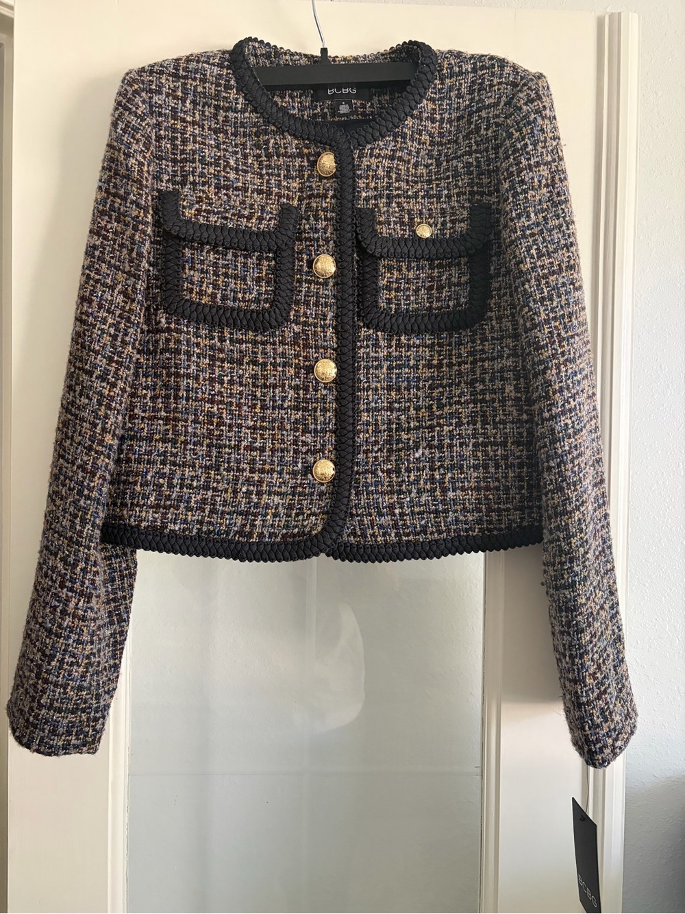 BCBG Multicolor Tweed Cropped Jacket with Black Trim and Gold Buttons